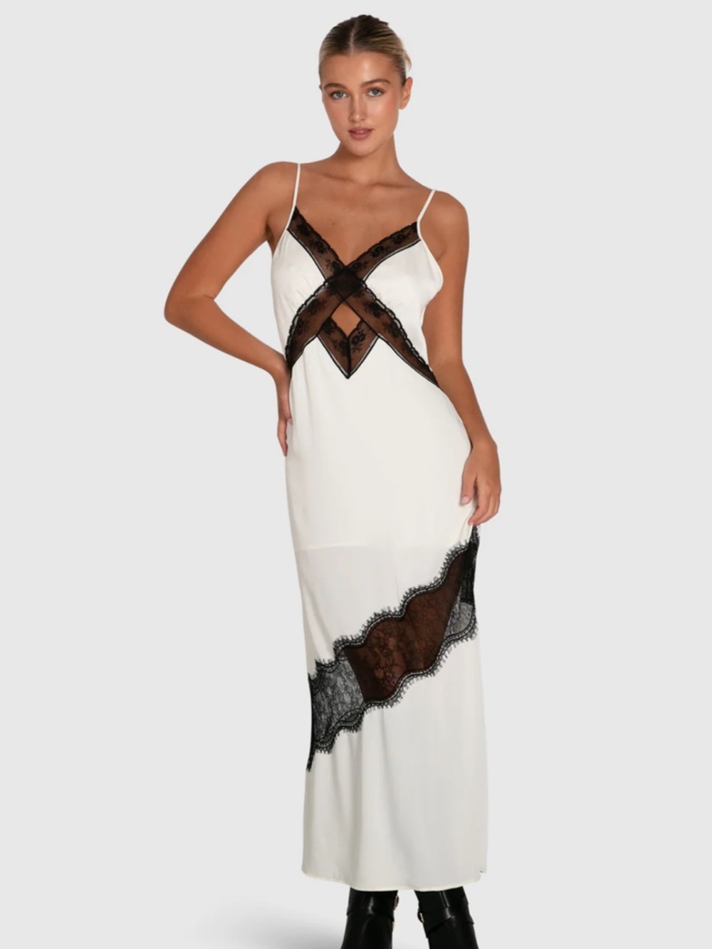 Belle & Bloom Heavenly Bodies Lace Slip Dress - White/Black